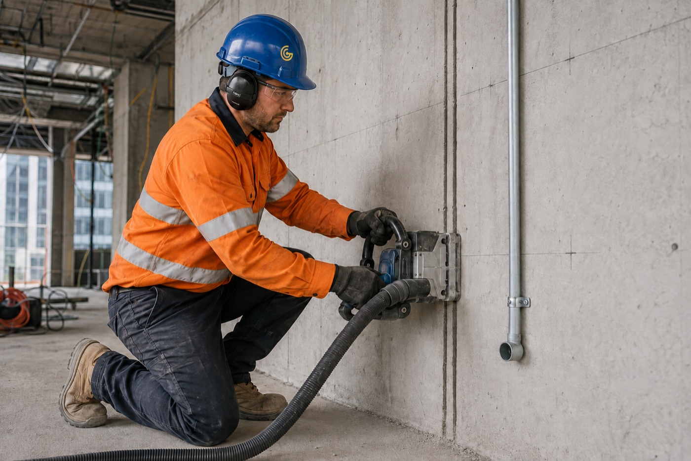 BWize technician using a dust-controlled wall chaser to form narrow service channels in concrete